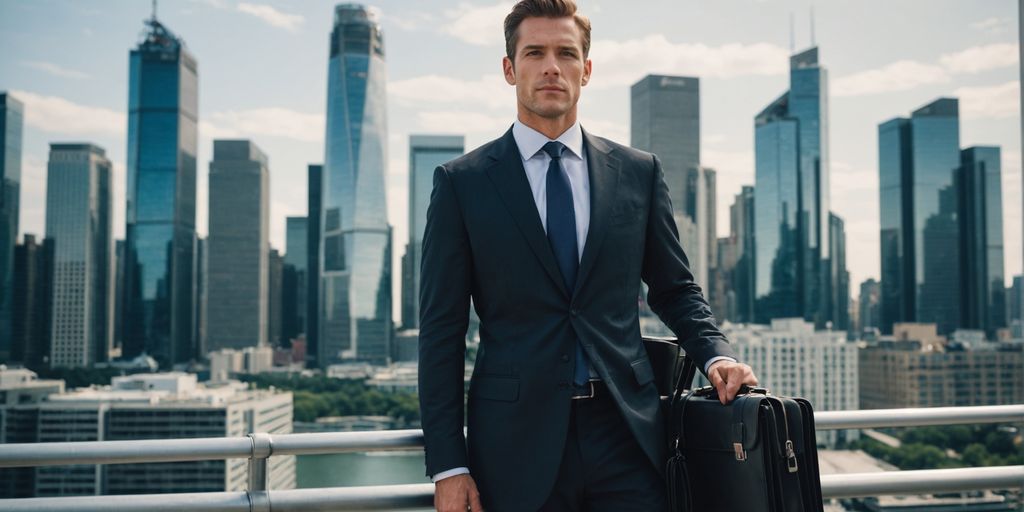 Businessman in suit with city skyline