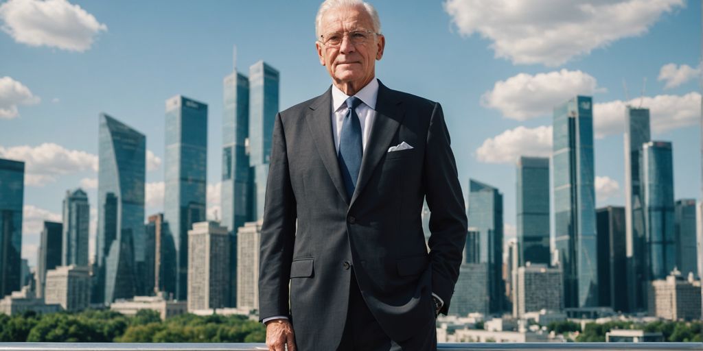 Elderly man in suit with city skyline